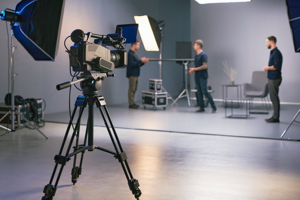 TV production set with a studio camera and crew