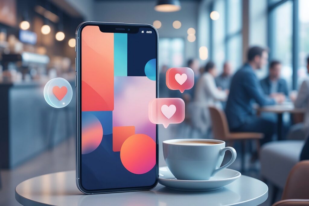 Smartphone on a cafe table with social media notifications floating above it