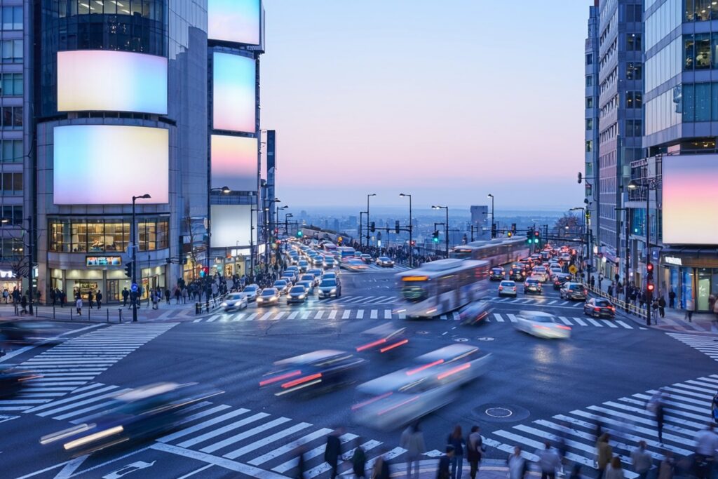 Busy city intersection at dusk with digital billboards