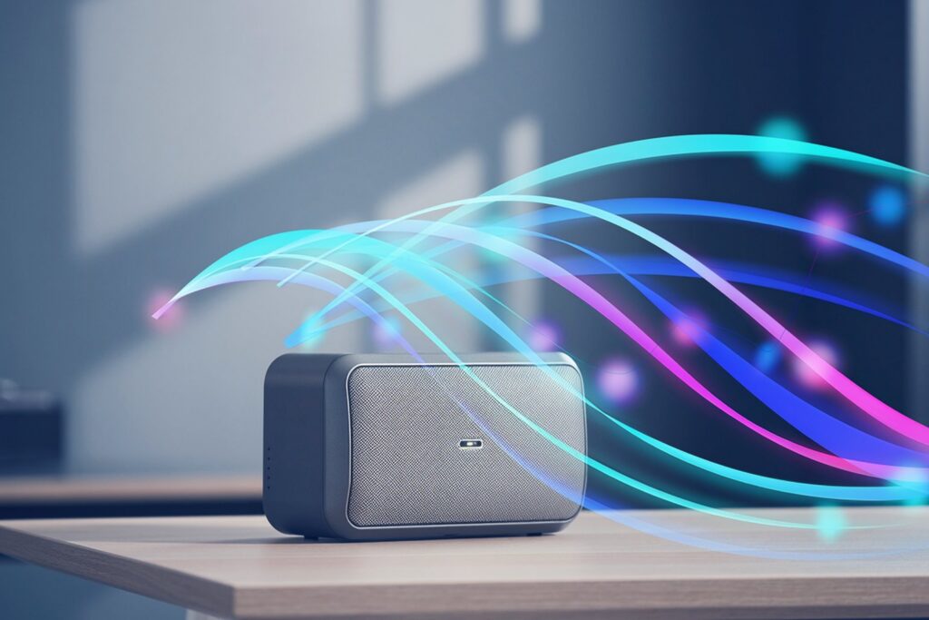 Radio speaker with colorful sound waves in a creative studio