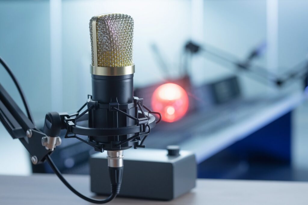 Broadcast microphone in a modern radio studio with the on-air light glowing