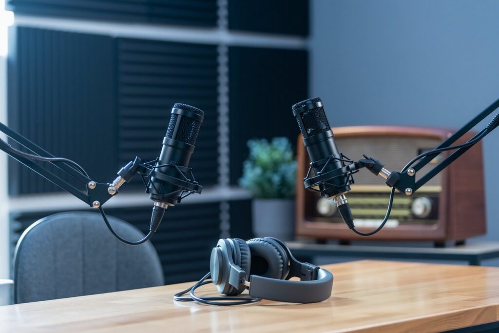 Podcast microphones and headphones beside a vintage radio