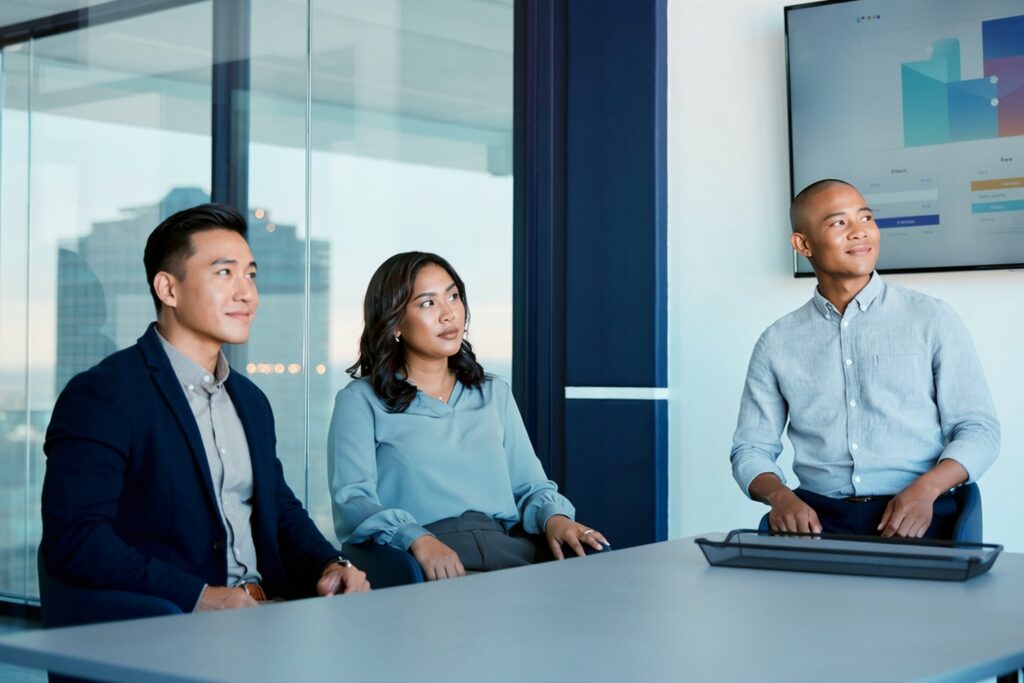 Media planning team reviewing charts in a glass-walled conference room