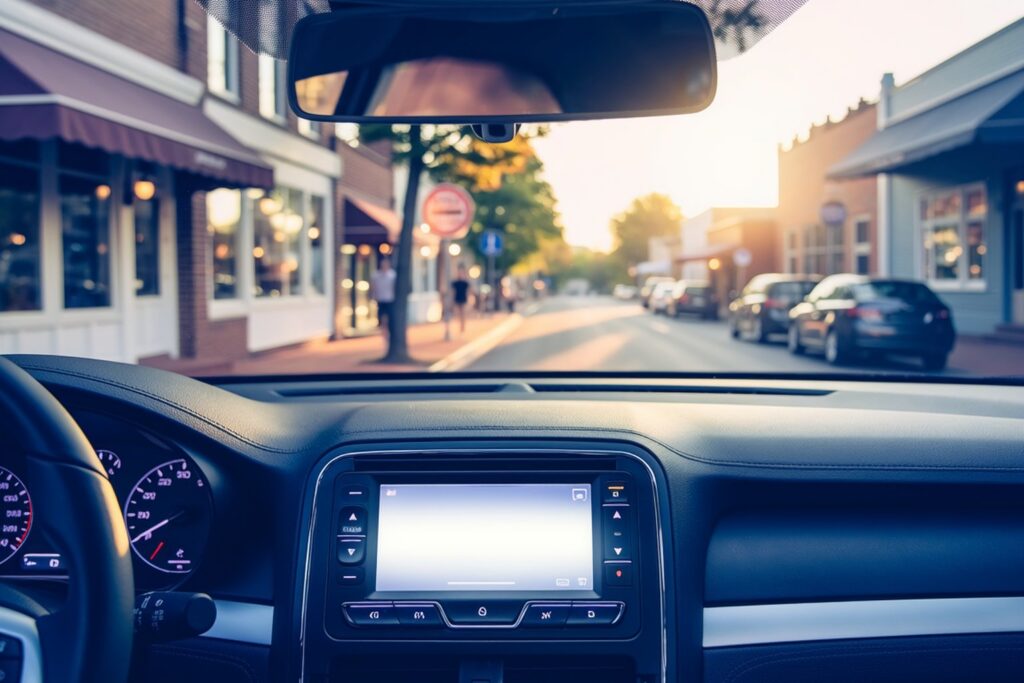 Car radio glowing while driving through a small town main street